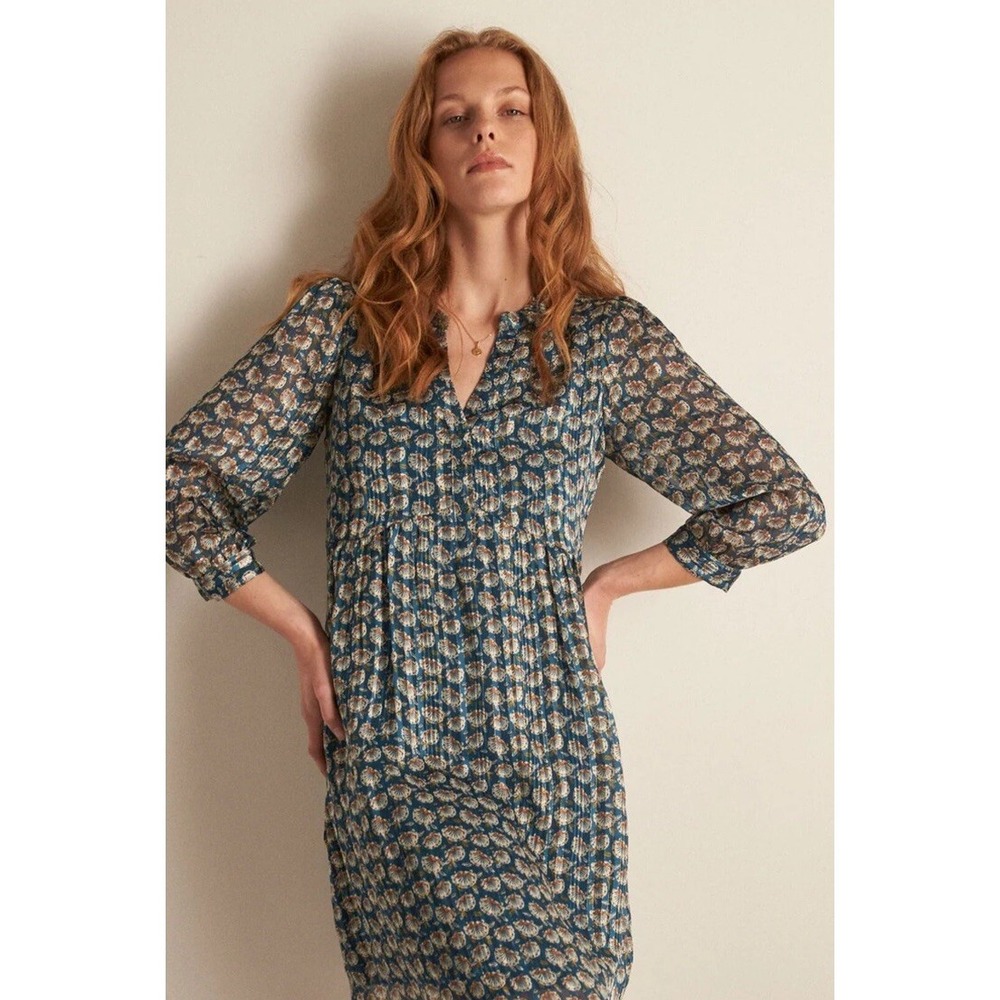 Maison‎ 123 Midi Dress Teal Blue Floral Tiered Shimmer Boho Size 44/ 12